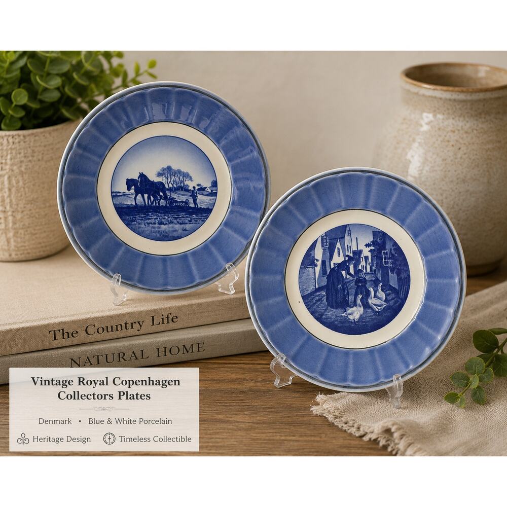 Vintage Royal Copenhagen Fajance Collector Plates Denmark Blue Wall Decor Set